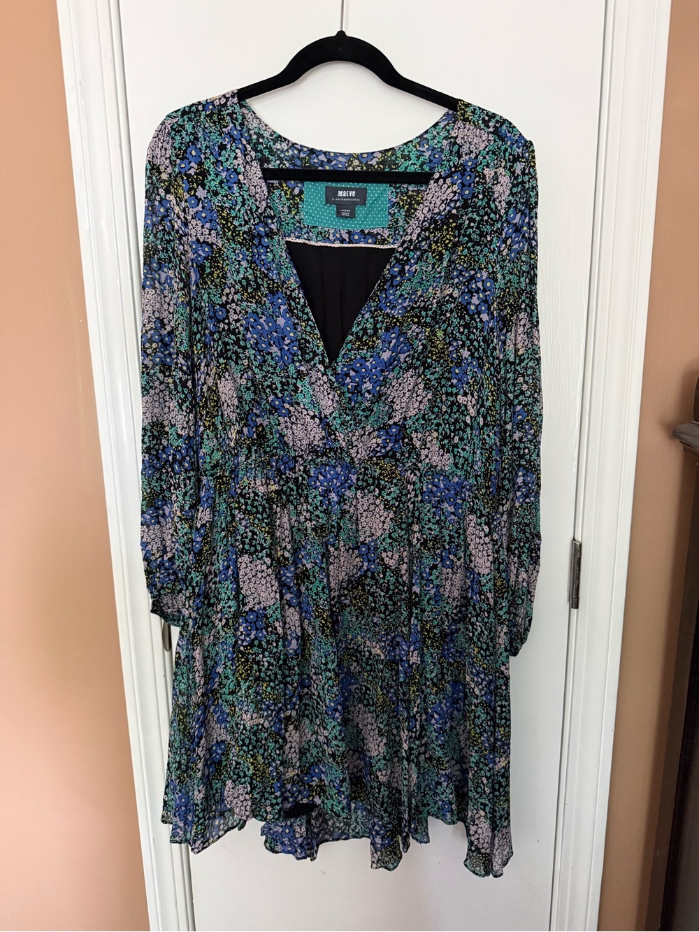 Anthropologie Blue and Green Floral Wrap-Style Long Sleeve Dress